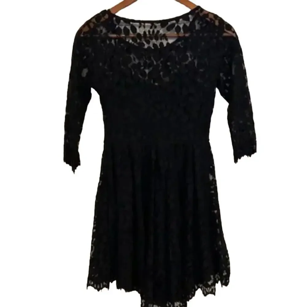 Free People Floral Mesh Mini Black Lace Dress- Size 2